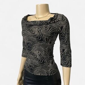 Y2K Black Swirl Print Top Fitted Abstract Pattern Going Out Top